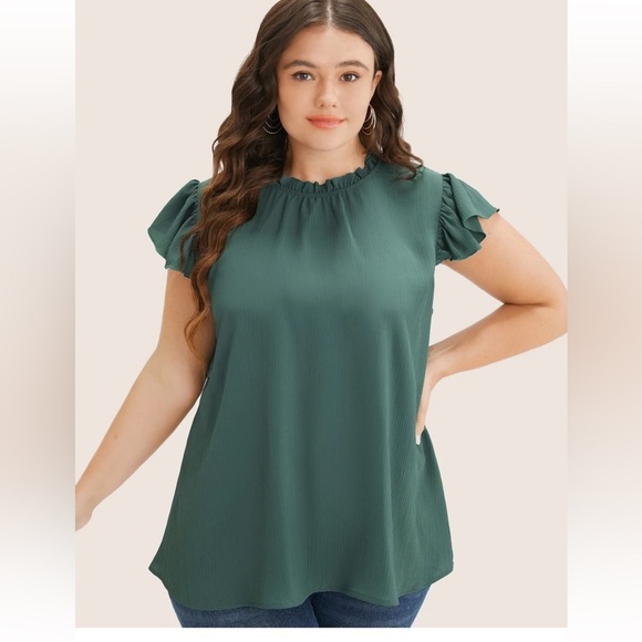 Bloomchic Plain Mock Neck Cap Sleeve Ruffle Trim Mint Blouse - Picture 1 of 7